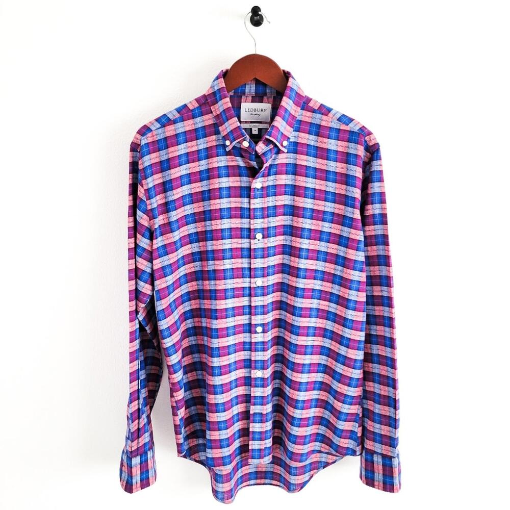 NEW Ledbury Linen Cotton Button Down Shirt Tailored Fit Mens 16 Blue Purple - Picture 3 of 9